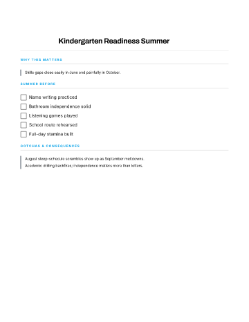 Kindergarten Readiness Summer — School Years checklist template