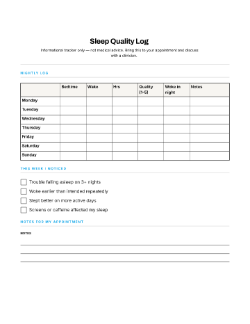 Sleep Quality Log — Symptom Logs checklist template