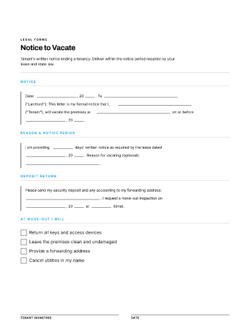 Notice to Vacate — Landlord & Tenant Notices form template