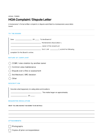 HOA Complaint / Dispute Letter — Property & Homeownership form template