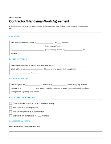 Contractor / Handyman Work Agreement — Property & Homeownership template