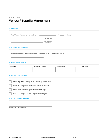 Vendor / Supplier Agreement — Business Agreements form template