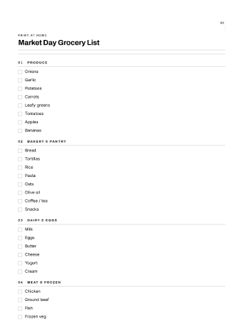 Market Day Grocery List — Grocery Lists template