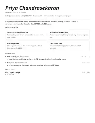 Priya Chandrasekaran — folio resume — Creative resume template