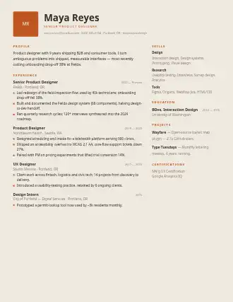 Maya Reyes — monogram resume — Creative template